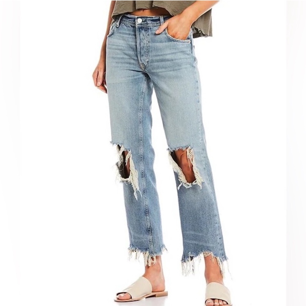 Free People Light Blue Distressed Straight Leg Jeans